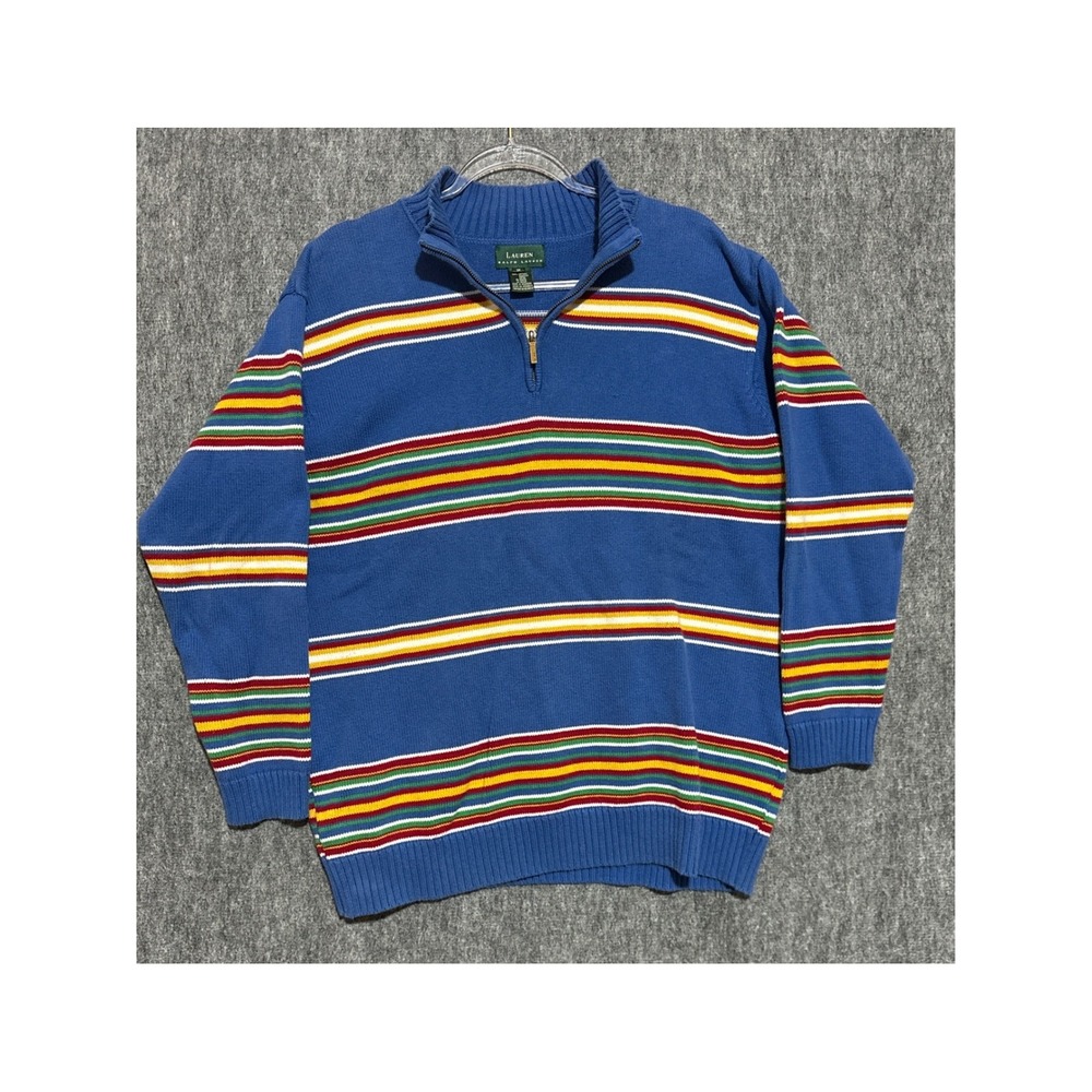 Lauren Ralph Lauren Blue Striped Quarter Zip Cotton Sweater 1XL Womens Mock Neck
